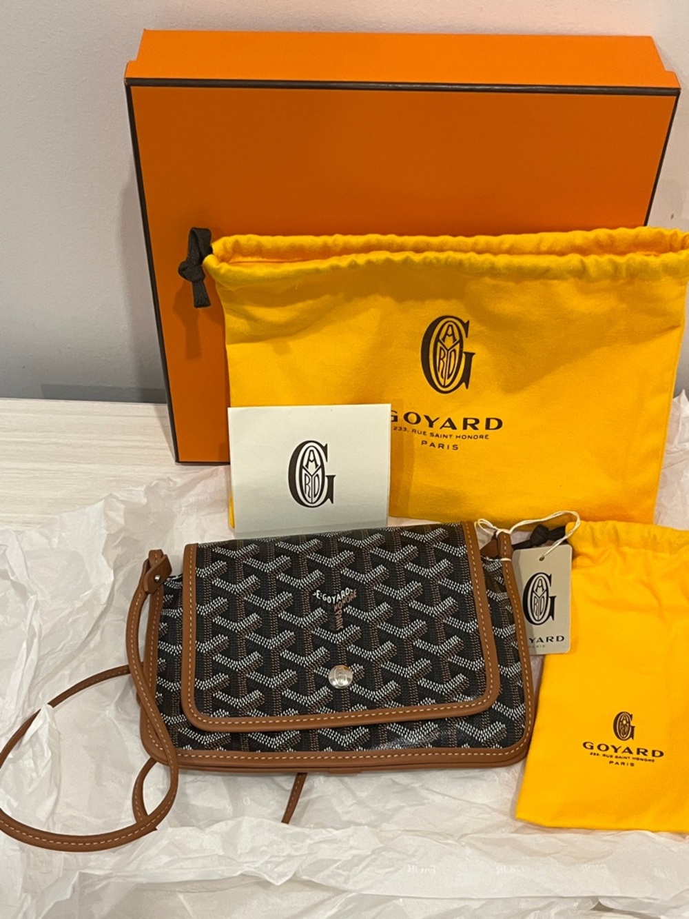 Goyard Black Chevron Canvas Crossbody with Brown Leather Trim